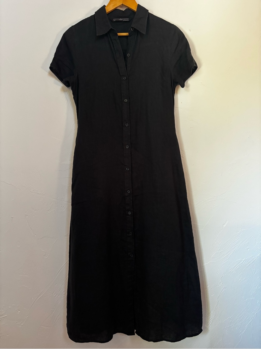 Peruvian Connection Linen Midi Shirt Dress Size 4 Black Button Front Pockets